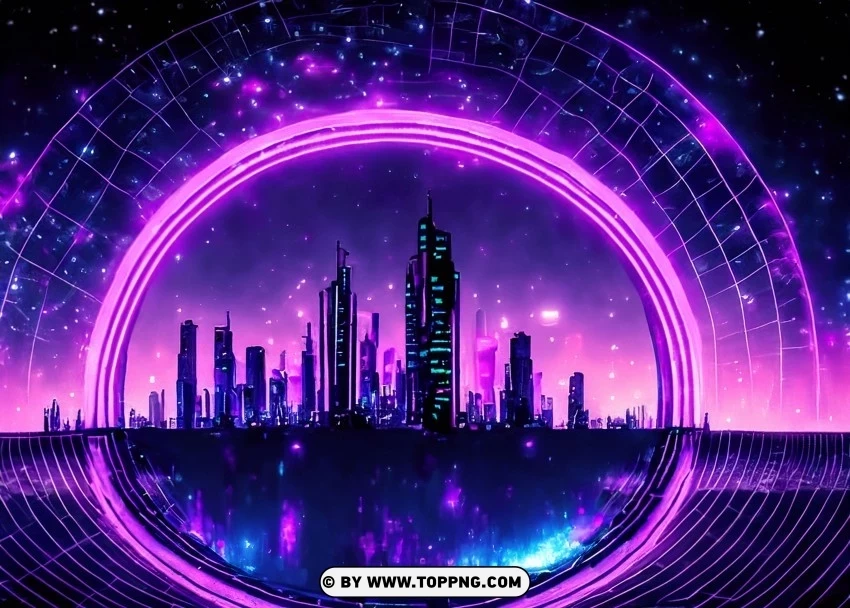Digital Fantasy Metropolis with Illuminated Purple-Pink Halo Wallpaper Flare Isolated PNG Object with Clear Background