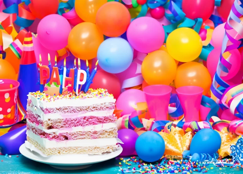 Festive Birthday Cake and Balloons Image Transparent Background Isolated PNG Design Element