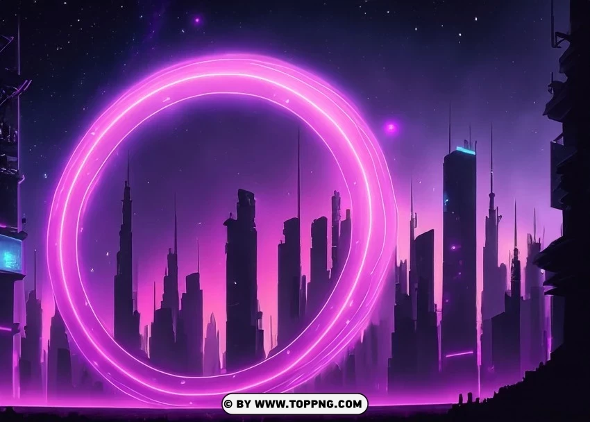 Futuristic Neon Circle in Urban Reflective Gridscape with Purple Hue Wallpaper Flare Isolated Item with Transparent Background PNG