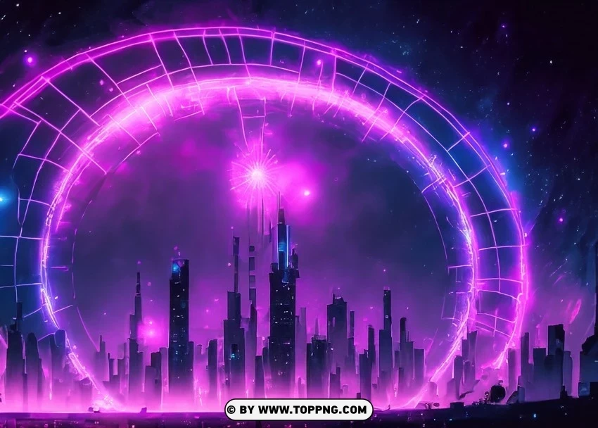 Futuristic Neon Circle in Urban Reflective Gridscape with Purple Hue Wallpaper Flare Isolated Subject on HighQuality PNG