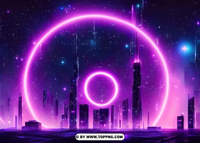Glimmering Neon Cityscape Circular Purple Ring of Light Wallpaper Flare Isolated PNG Item in HighResolution - Image ID 8d430809