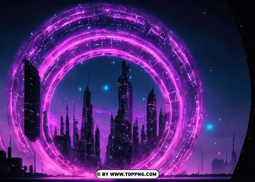 Glowing Techno Cityscape boasting Mesmerizing Purple Glow Wallpaper Flare Isolated PNG Element with Clear Transparency