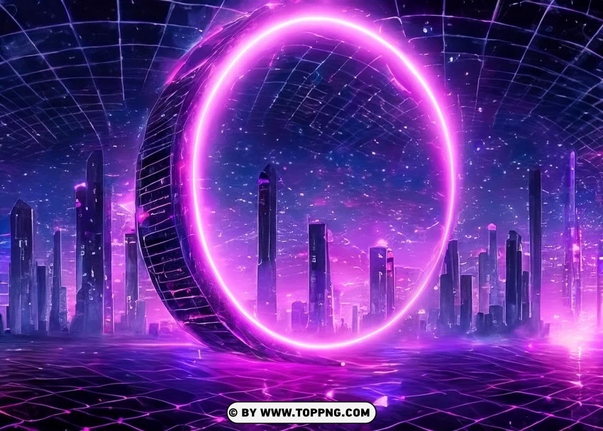 Reflective Futurist Grid in Cyberpunk Skyline with Purple Tones Wallpaper Flare Isolated Item on Transparent PNG Format
