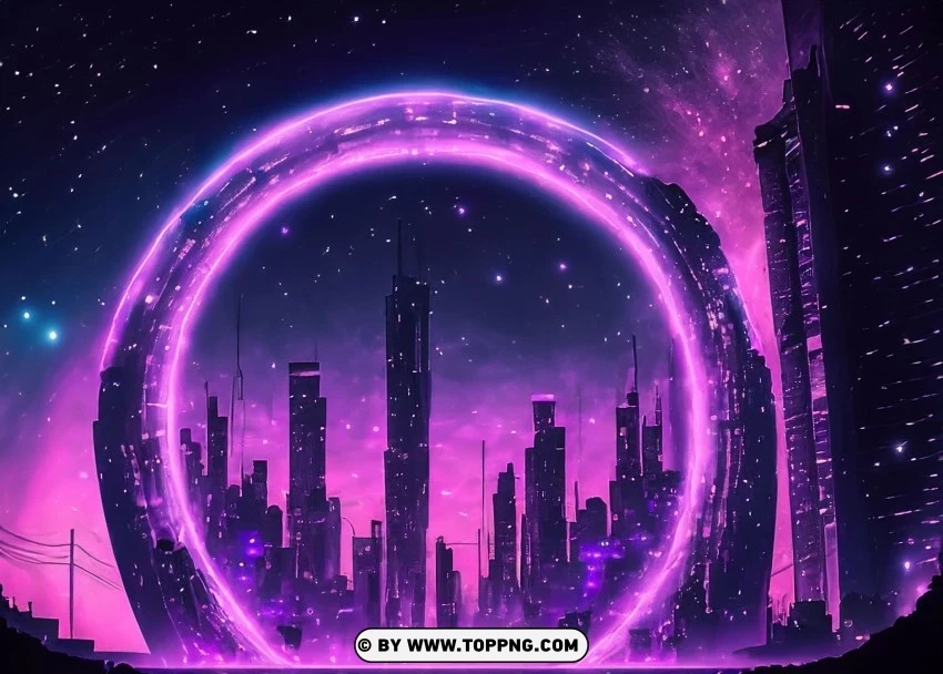 Starry Night Futurism in Ethereal Purple Neon City Wallpaper Flare Isolated PNG Image with Transparent Background