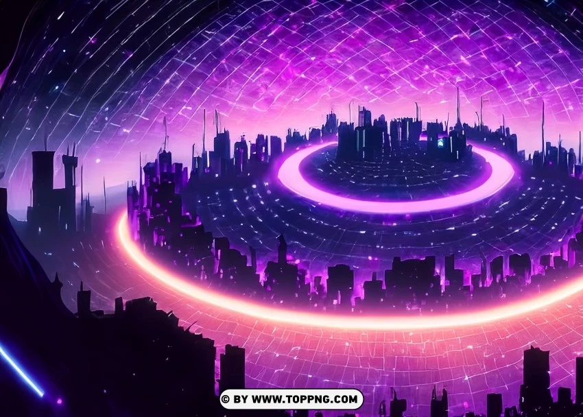 Vibrant Urban Skyline with Reflective Grid and Purple Neon Lights Wallpaper Flare Isolated Object with Transparent Background PNG