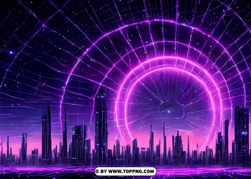 Vibrant Urban Skyline with Reflective Grid and Purple Neon Lights Wallpaper Flare PNG clear images