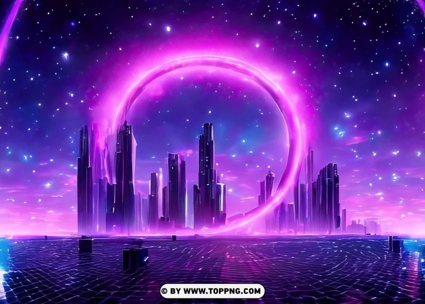 Vivid Cyber Metropolis with Glowing Pink-Purple Lights Wallpaper Flare Isolated Subject on HighQuality Transparent PNG - Image ID fe464e2f