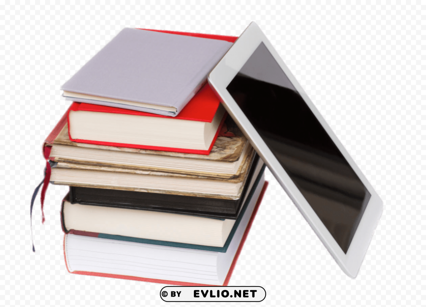 e-book next to pile of books PNG Graphic with Isolated Transparency
