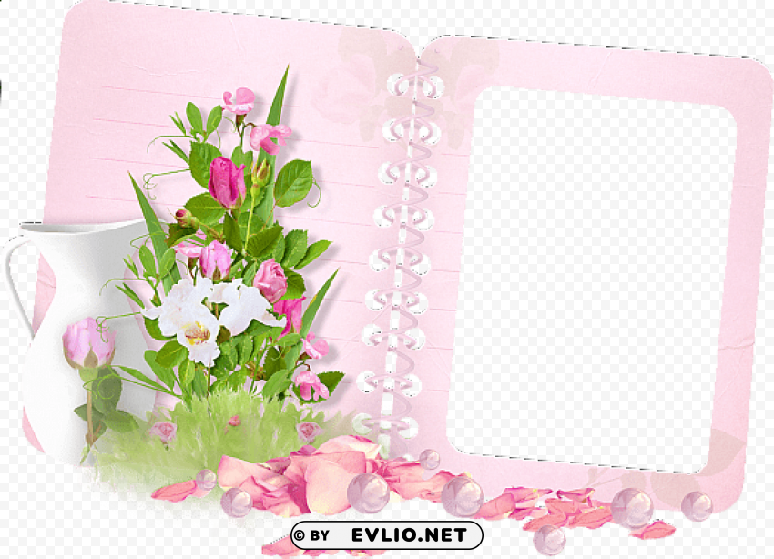 transparent frame pink book and bouquet Clean Background Isolated PNG Design