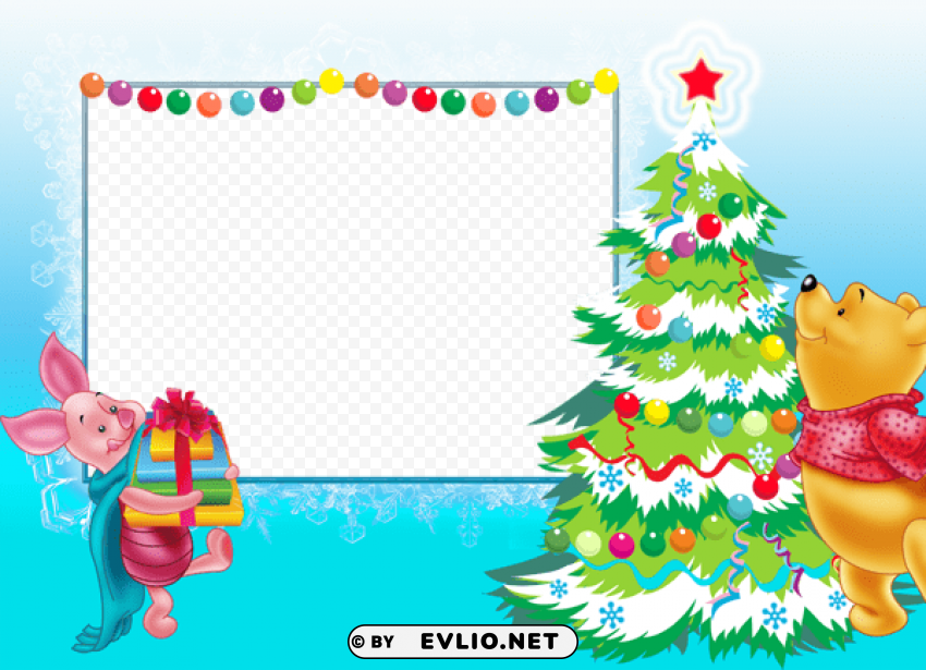 winnie the pooh with piglet and christmas tree kids photo frame Transparent Background Isolated PNG Item