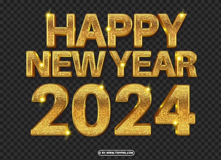 Happy New Year 2024 Gold Lettering Isolated Element with Clear PNG Background