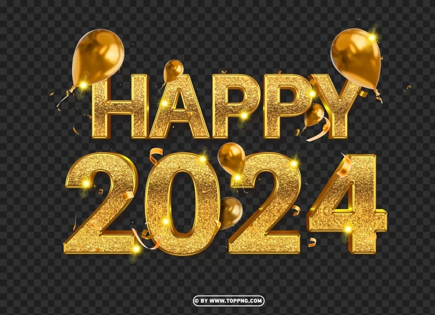 HD Happy 2024 Gold With Balloon confetti Isolated Element with Transparent PNG Background