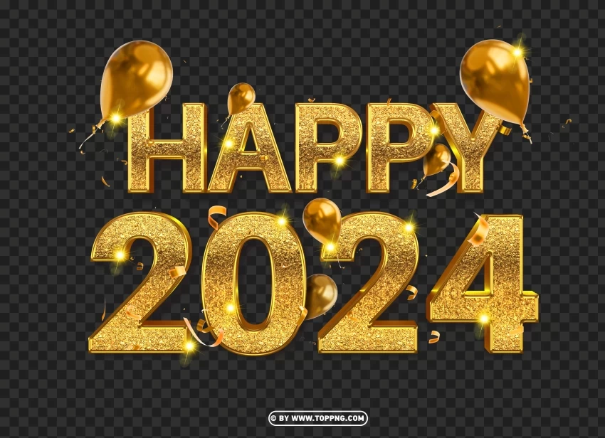 HD Happy 2024 Gold With Balloon confetti Isolated Element with Transparent PNG Background - Image ID b6fd3b89