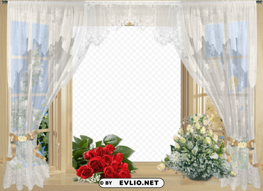 beautiful window frame with curtain and roses PNG photo