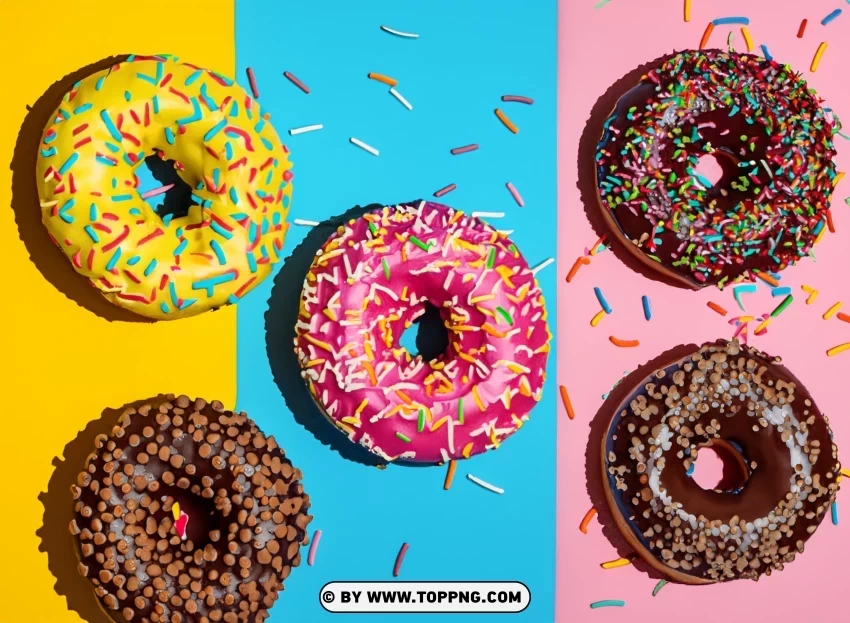 Assorted Sprinkled Donuts in a Bright Multi Colored Photo Clear Background PNG Isolated Graphic - Image ID ddf11d95