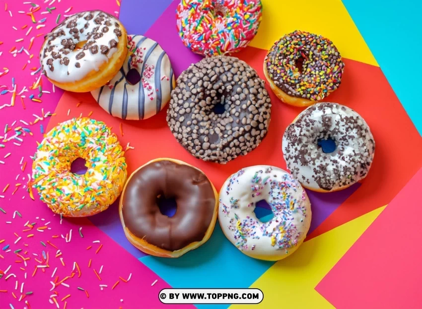Colorful Assorted Donuts on Multicolored Surface Sweet Concept Photo HD Clear Background PNG Isolated Graphic Design