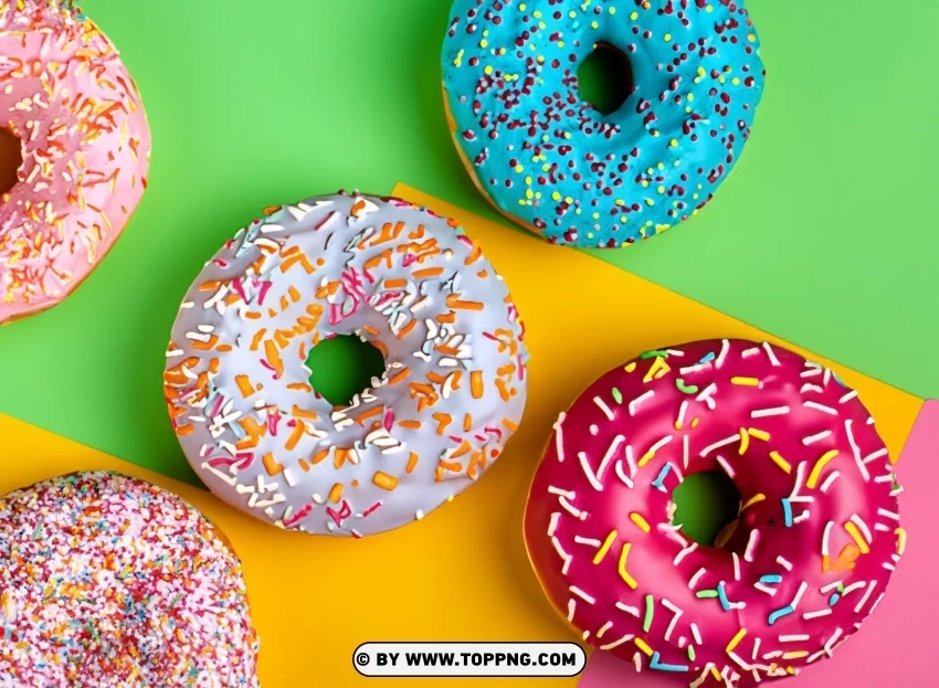 HD Photo of Colorful Donuts on a Multi Colored Surface Clear Background PNG Isolated Item
