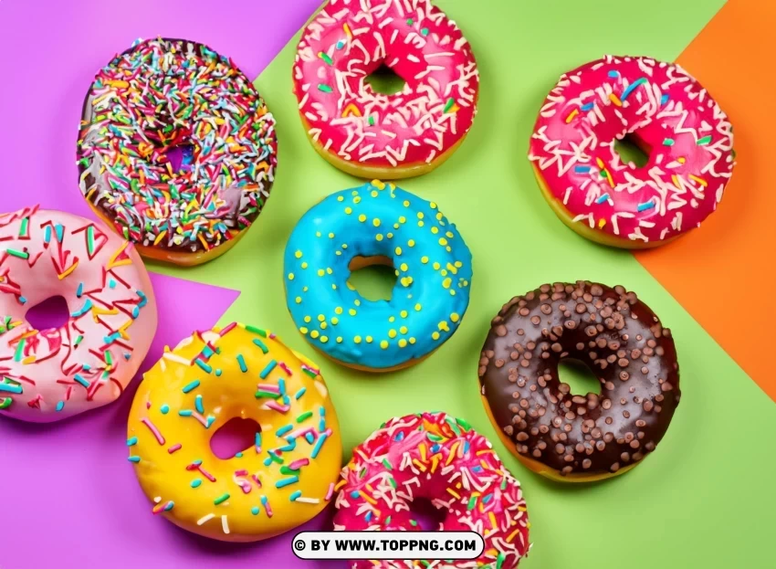 Multicolored Sprinkles Adorning Round Donuts on a Colorful Clear Background PNG Isolated Subject