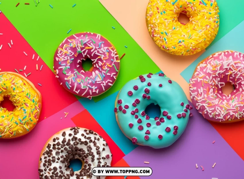 Round Different Donuts With Sprinkles On A Bright Multi Colored Clear Background PNG With Isolation