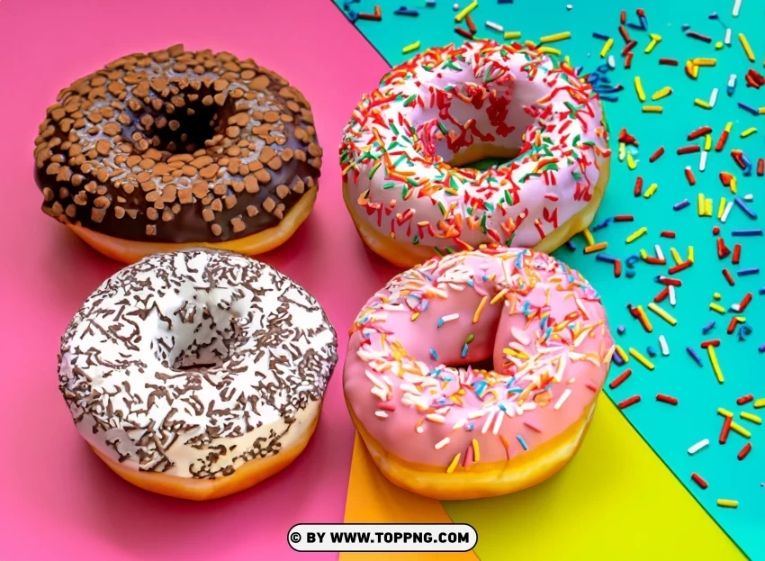 Sprinkled Round Donuts on Bright Multi Colored Background Top View Clear image PNG