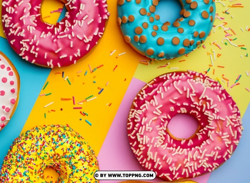 Top View Display Assorted Round Donuts with Sprinkles on a Bright Multi Colored Clear background PNGs - Image ID f3cc66f0