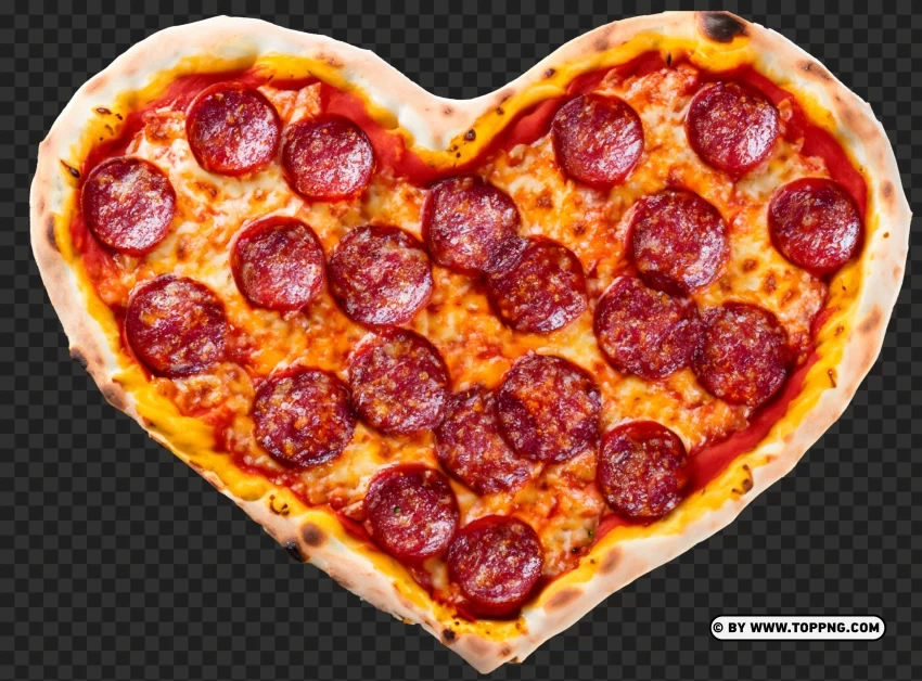 Delicious heart shaped pepperoni pizza Isolated Graphic on Clear Transparent PNG