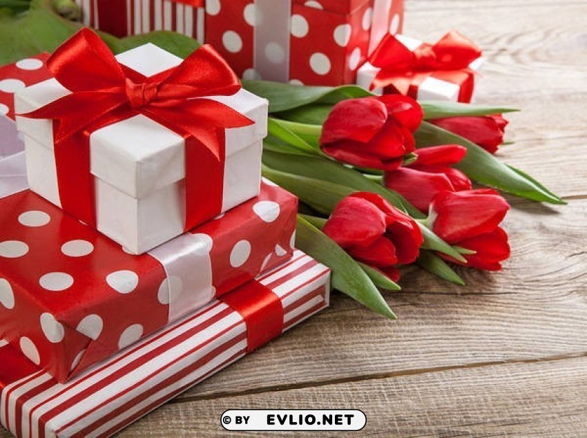 Gift Boxes And Tulips PNG Graphic With Isolated Clarity