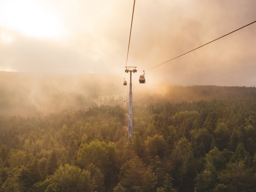 aerial lift cable car fog trees clouds Isolated Subject with Clear Transparent PNG
