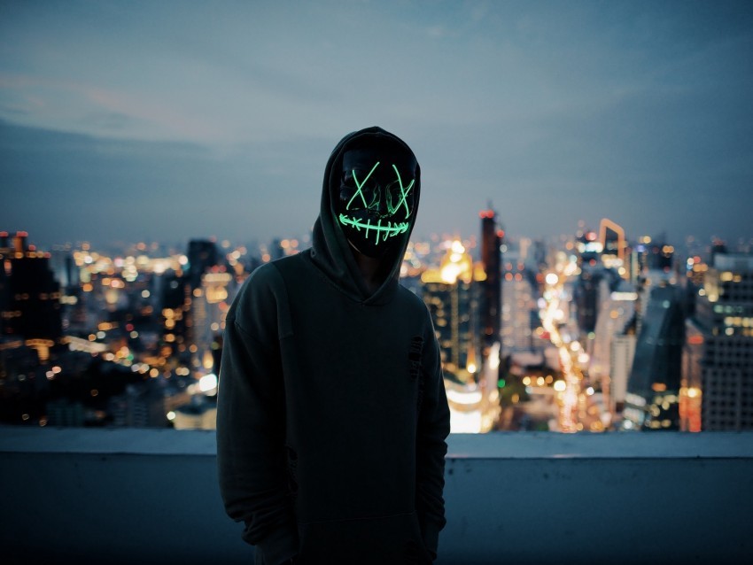 anonymous mask hood hoodie city glow PNG for presentations