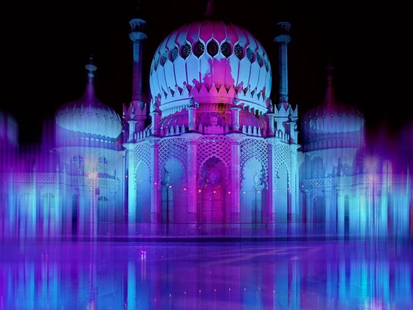 architecture night neon light lilac blue pink Isolated Design Element on Transparent PNG