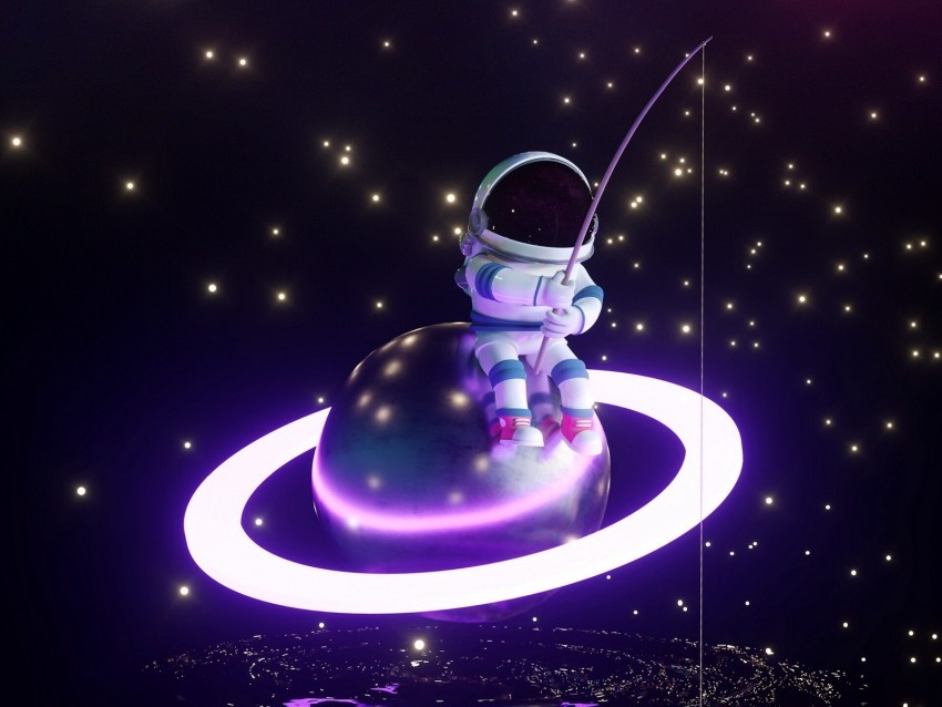 astronaut fisherman planet glow stars Clean Background Isolated PNG Art