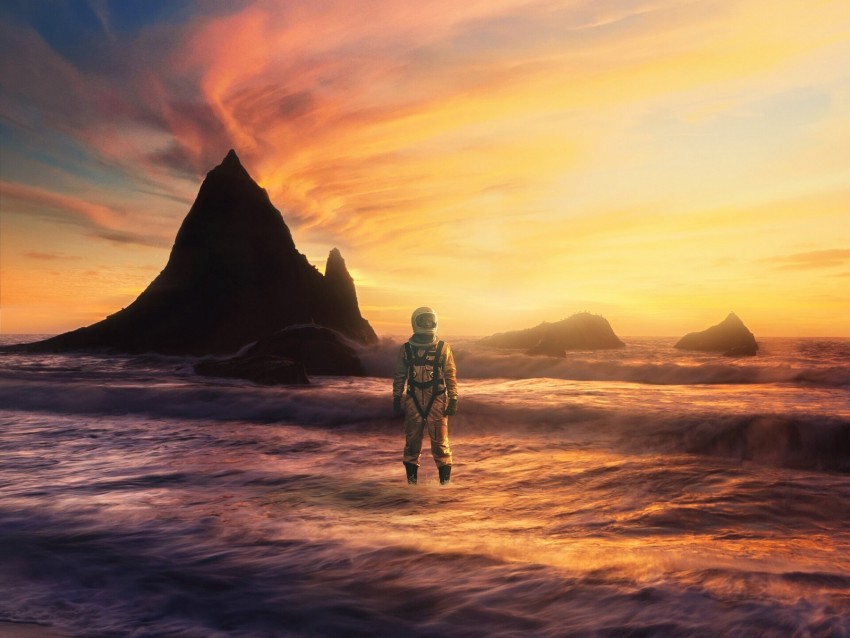 astronaut sea rocks landscape alien Transparent PNG image free