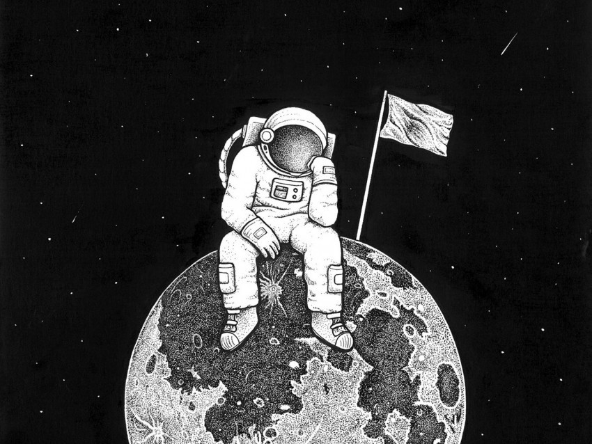 astronaut space art planet drawing bw Transparent PNG Object with Isolation