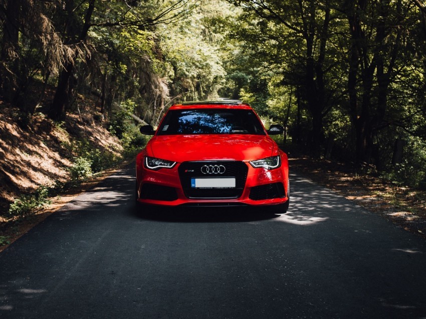 audi red car front view road forest trees PNG clip art transparent background 4k wallpaper