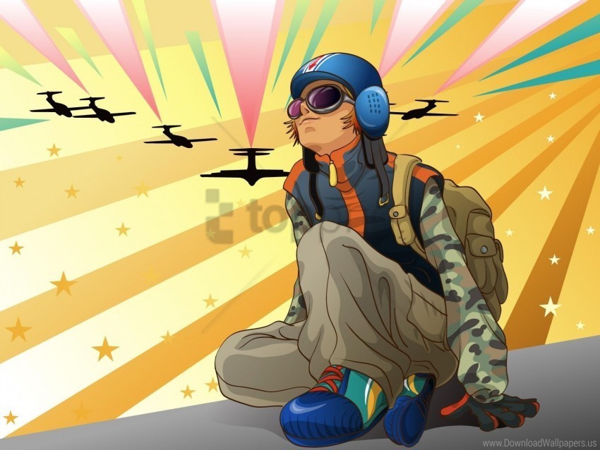 backpack girl jump parachute planes wallpaper PNG for social media