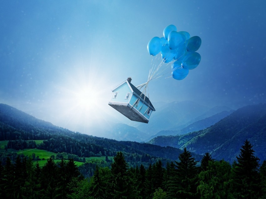 balloons house flight fantasy forest PNG images for merchandise 4k wallpaper