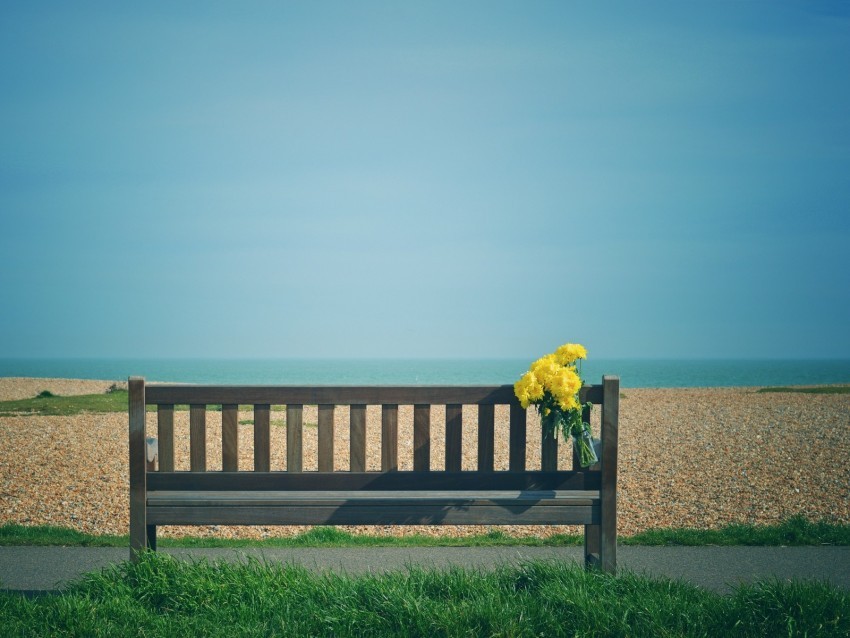 bench bouquet flowers yellow beach Isolated Graphic with Transparent Background PNG