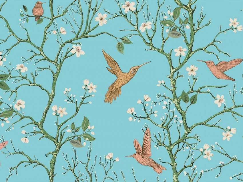 birds branches flowers spring pattern Isolated Character in Transparent Background PNG