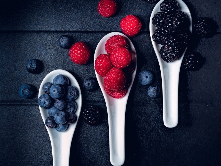 blueberries raspberries berries fresh spoons Clean Background Isolated PNG Design 4k wallpaper