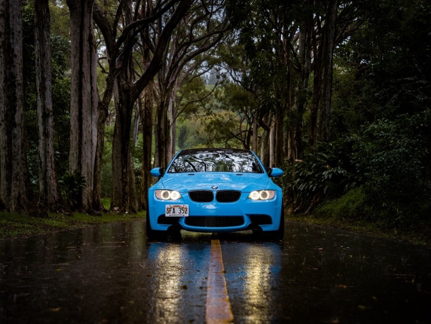 bmw 5 bmw front view car blue forest road rain Clean Background Isolated PNG Design