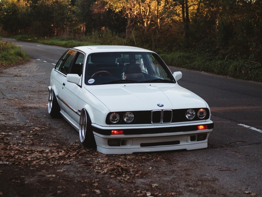 bmw white car autumn trees PNG isolated 4k wallpaper