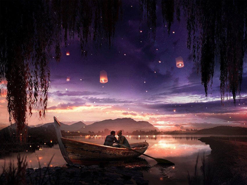 boat couple stars night romance art PNG images with transparent canvas variety 4k wallpaper