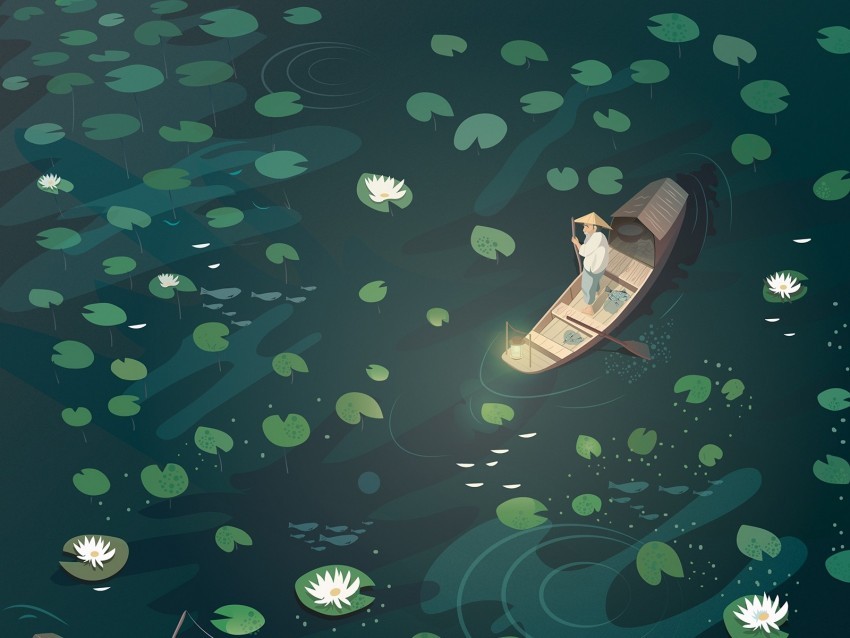 boat fisherman water lilies art Isolated Object on HighQuality Transparent PNG