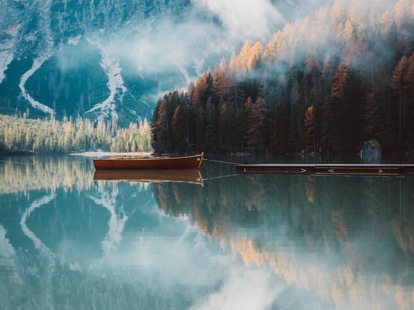 boat mountains lake trees autumn PNG for free purposes