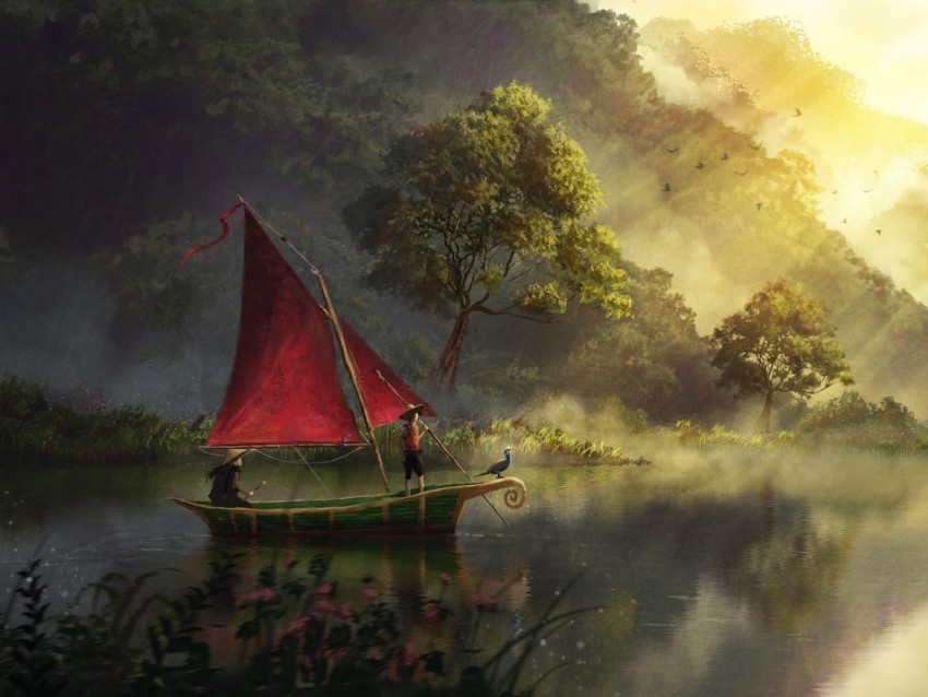 boat river art fog dawn PNG images with transparent canvas