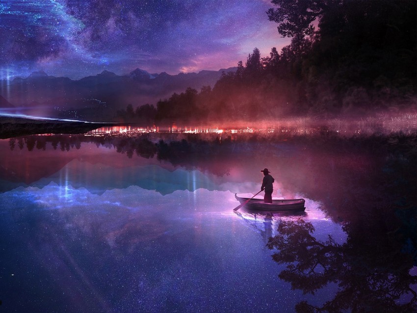 boat river loneliness night art PNG images for printing