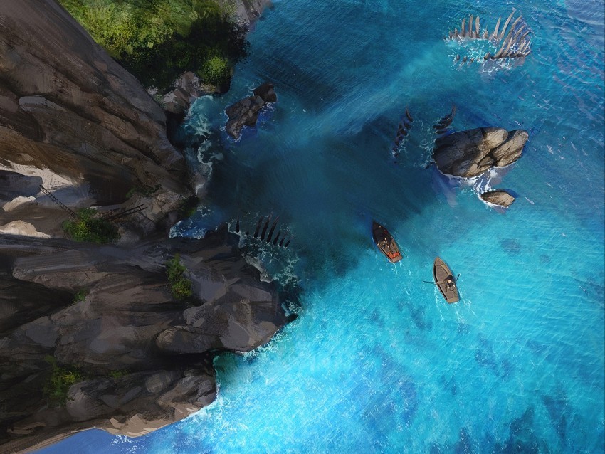 boats rocks ocean top view art Transparent background PNG artworks 4k wallpaper