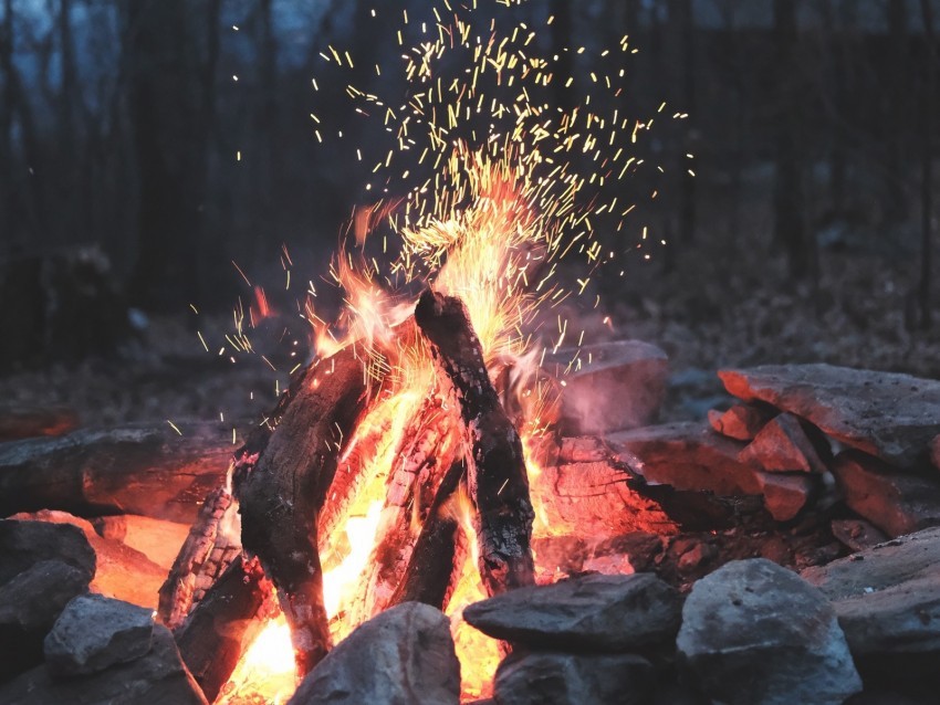 bonfire fire sparks stones firewood burn Transparent Background Isolation in PNG Image