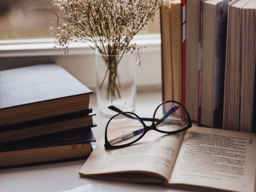 books glasses vase window window sill flowers PNG Object Isolated with Transparency