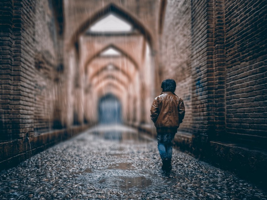 boy street rain walls arches stone PNG Image Isolated on Clear Backdrop 4k wallpaper